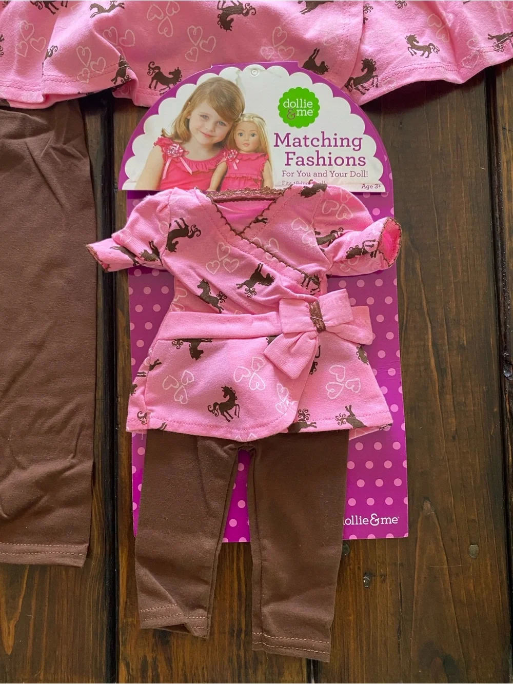 Dollie & Me Pink & Brown Horse-Print Set with Matching Doll Outfit. Size 3